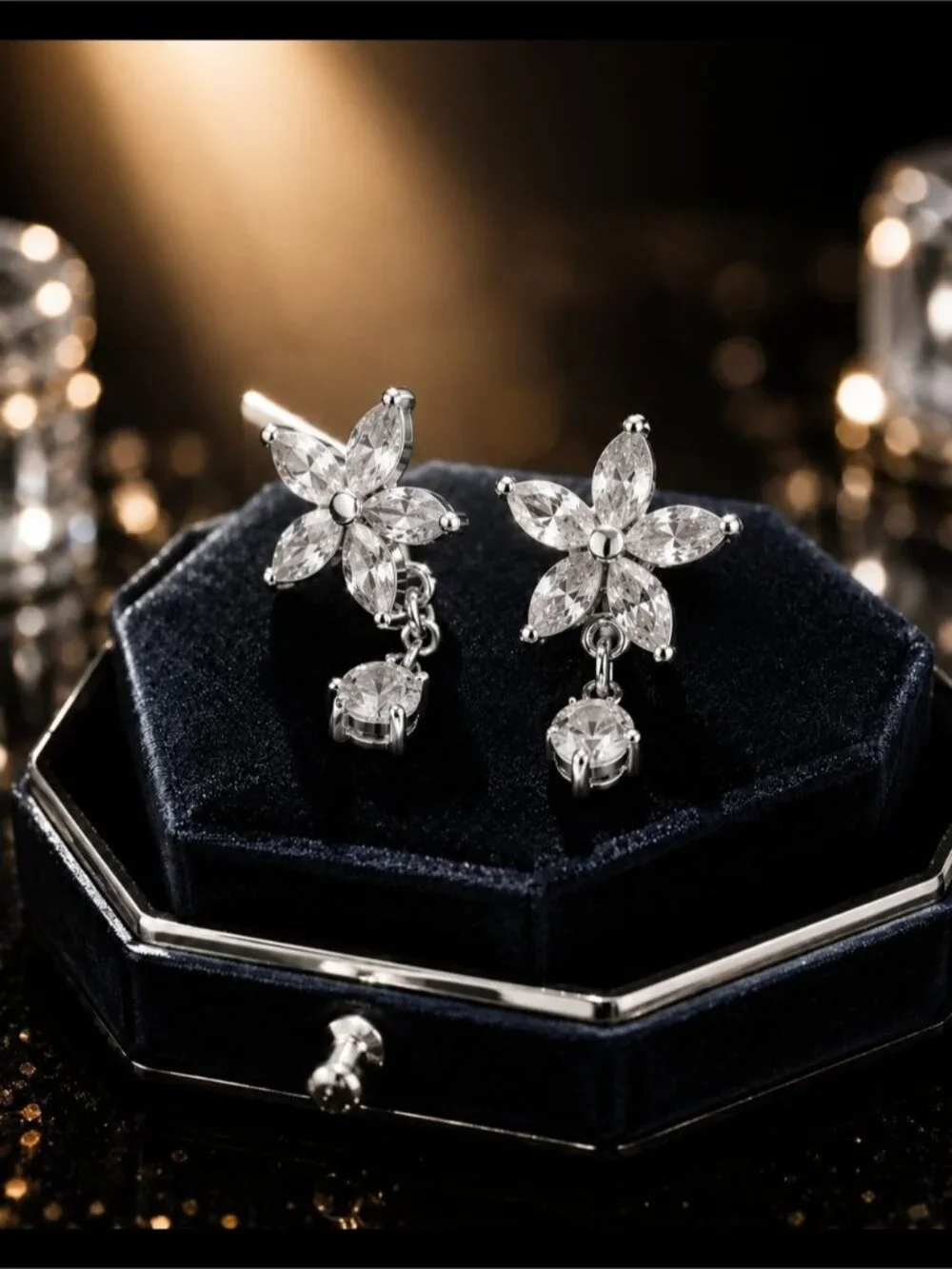 Silver Floral Drop CZ Earrings - Elegant Women's Jewelry